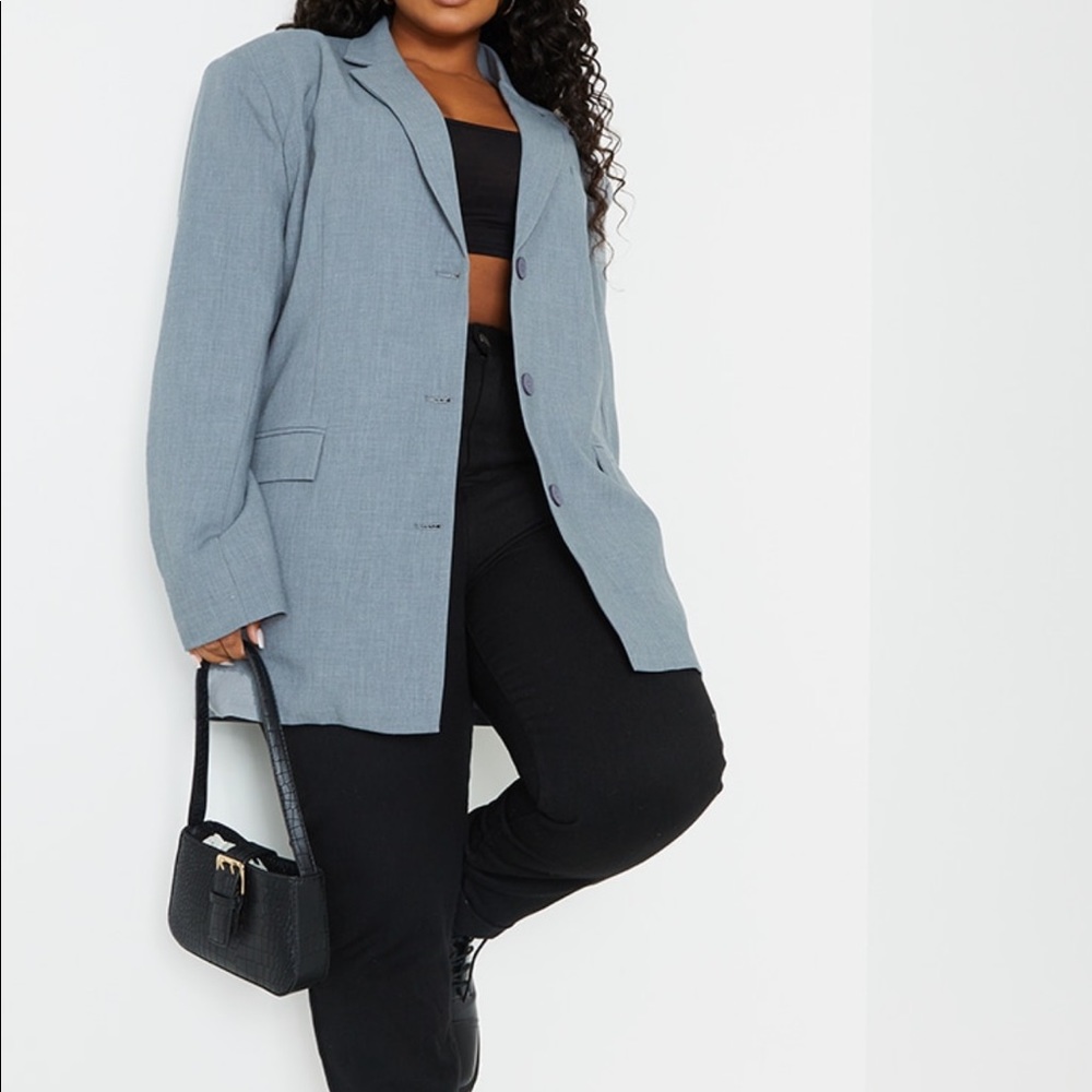 Grey woven linen pocket blazer